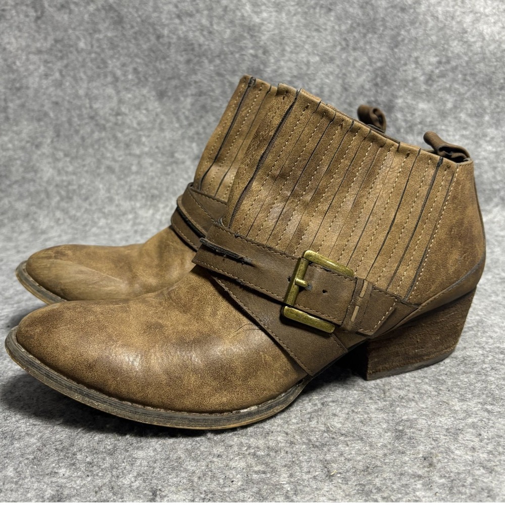 Altar'd State Fringe Western Ankle Boots 8.5 Brown Faux Leather Buckle Detail